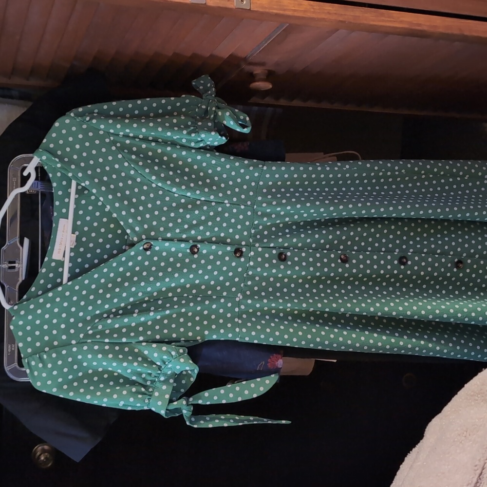 Green polka dot knee length dress with buttons and tie sleeves